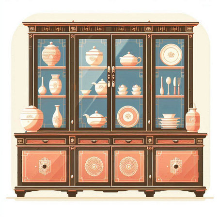 Cabinet with dishes and saucers. Vector illustration.のイラスト素材