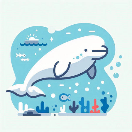 Illustration of a white whale swimming in the ocean. Vector illustration.のイラスト素材
