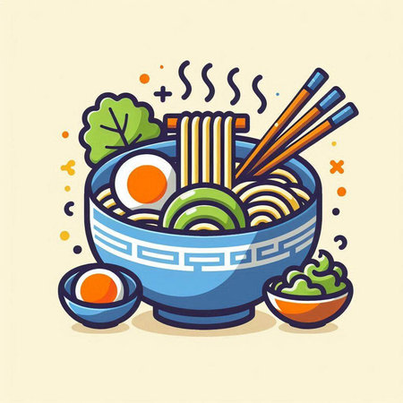 Noodles in bowl with chopsticks. Japanese food. Vector illustration.のイラスト素材