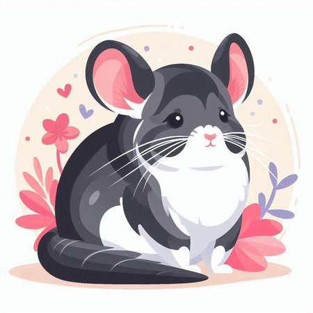 Cute little mouse with flowers and hearts. Vector illustration in cartoon style.のイラスト素材