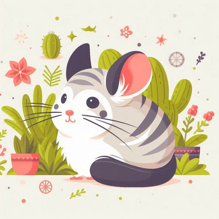 Vector illustration of cute cartoon chinchilla with flowers in flat style.のイラスト素材
