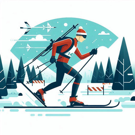Skiing in the forest. Winter sport. Vector illustration.のイラスト素材