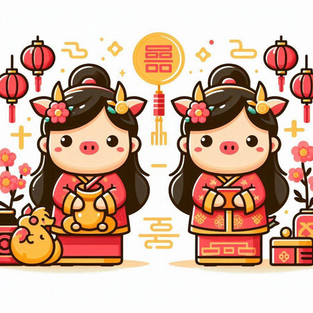 Chinese new year. Year of the Ox. Cute cartoon characters.のイラスト素材