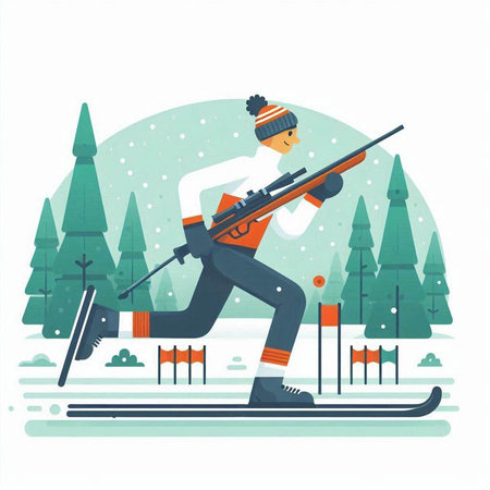 Man skiing in winter forest. Flat style vector illustration. Winter sport.のイラスト素材
