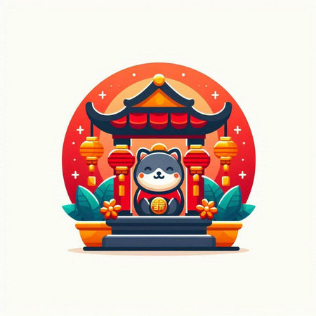 Chinese New Year greeting card with cute panda bear. Vector illustration.のイラスト素材