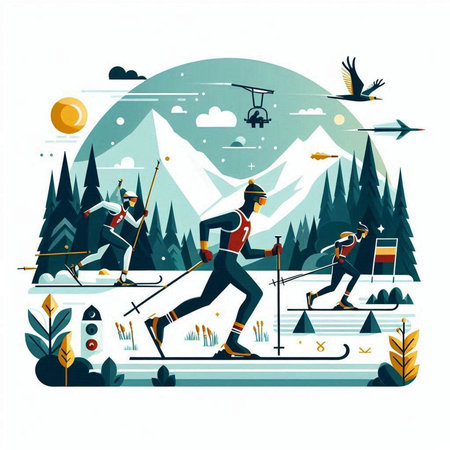 Cross-country skiing. Vector illustration in flat design style on the theme of winter sports.のイラスト素材