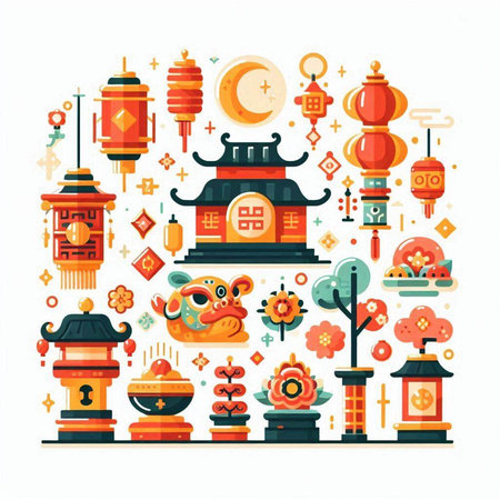Chinese New Year flat design illustration with lanterns, lanterns and lanterns.のイラスト素材