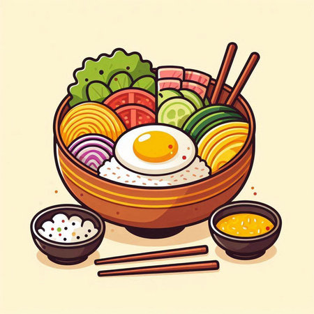 Illustration of a bowl of noodle with egg and chopsticksのイラスト素材