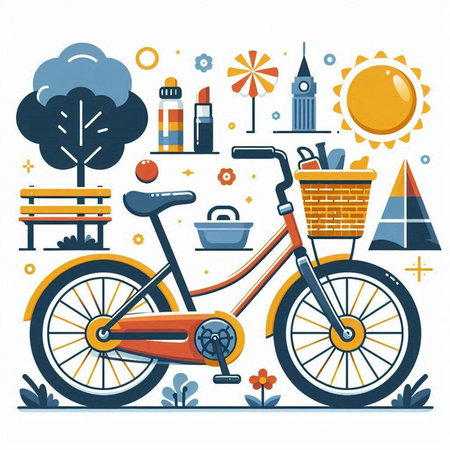 Bicycle, picnic and travel. Vector illustration in flat style.のイラスト素材