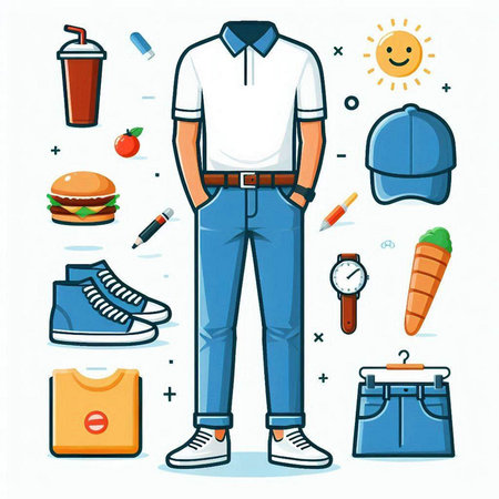 Vector illustration of a man in casual clothes with a set of items for healthy lifestyle.のイラスト素材