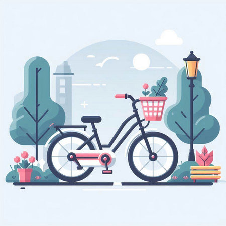 Flat design modern vector illustration concept of city landscape with bicycle, trees and flowers.のイラスト素材