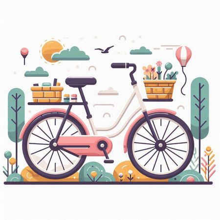 Bicycle with basket full of food. Vector illustration in flat styleのイラスト素材