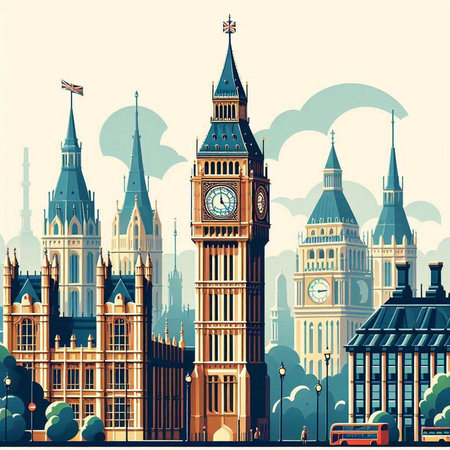 Big Ben and Houses of Parliament in London, UK. Vector illustration.のイラスト素材