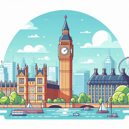 Big Ben and London skyline. Vector illustration in flat design style.のイラスト素材
