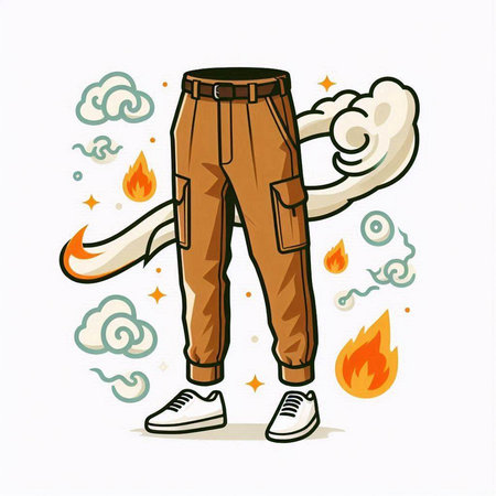Funny cartoon pants with fire on the background. Vector illustration.のイラスト素材
