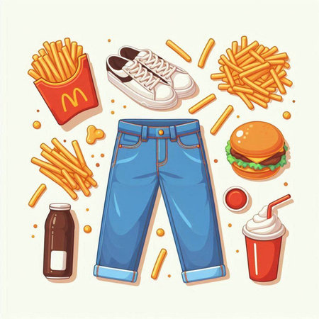 Vector illustration of a set of different types of fast food and drinksのイラスト素材