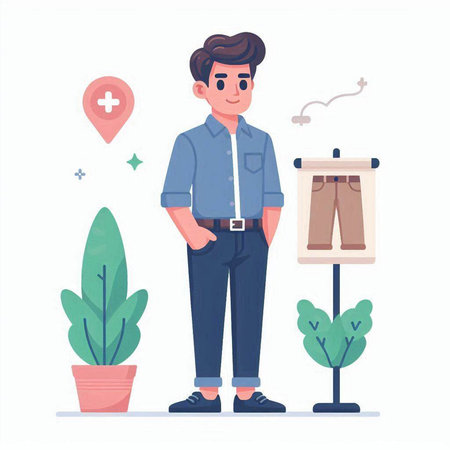 Man choosing clothes. Male character in casual clothes. Vector illustration in a flat styleのイラスト素材