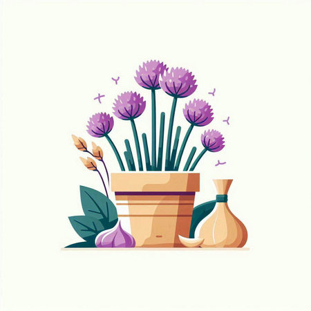 Flower pot with lavender, onion and garlic. Vector illustrationのイラスト素材