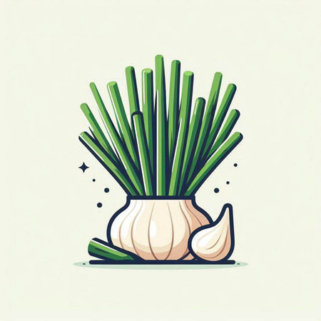 Garlic and onion in a vase. Vector illustration of a bunch of garlic.のイラスト素材
