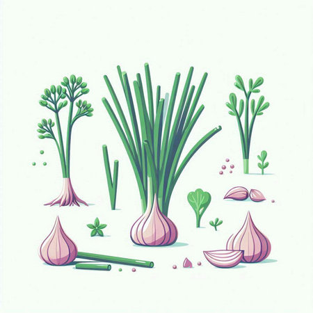 Illustration of onion, garlic, parsley and dill.のイラスト素材