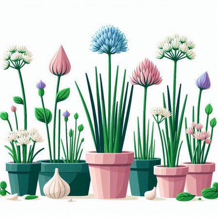 illustration of a flower pot with allium and garlic on a white backgroundのイラスト素材