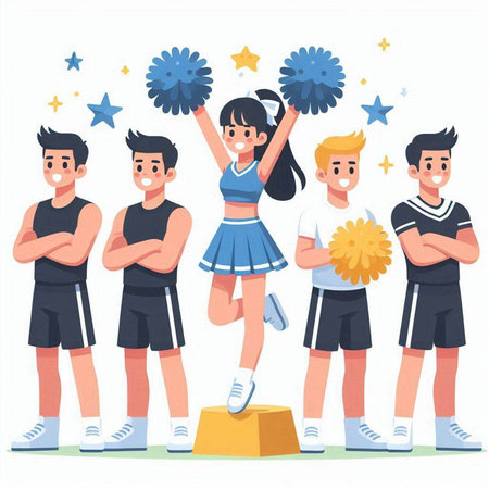 Cheerleaders with pompoms. Cheerleaders in sportswear cheerleading team. Cheerful boys and girls cheerleading team. Vector illustrationのイラスト素材