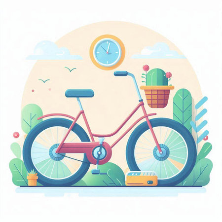 Bicycle with basket of cactus and clock. Flat vector illustration.のイラスト素材
