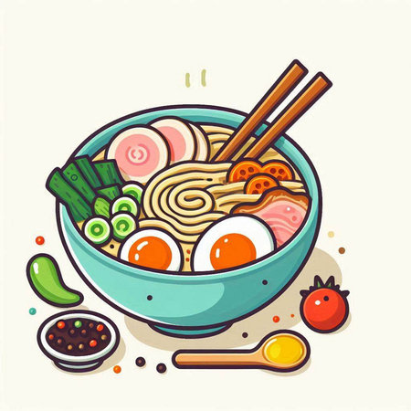 Bowl of noodle soup with chopsticks and vegetables. Vector illustration.のイラスト素材