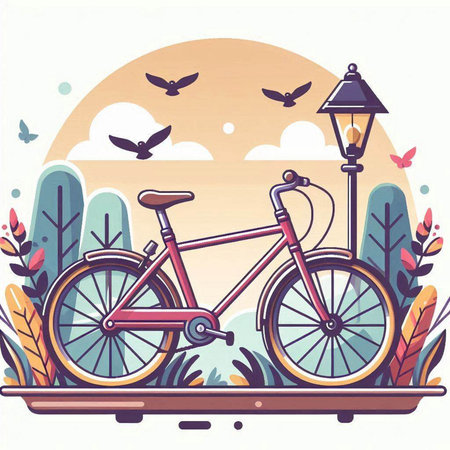 Bicycle in the park. Vector illustration in flat design style.のイラスト素材