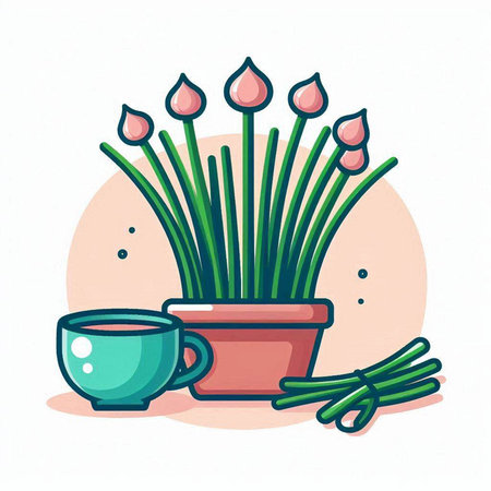 Flowerpot with tulips and cup of coffee. Vector illustration.のイラスト素材