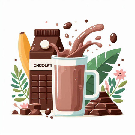 Chocolate drink in a glass and chocolate pieces. Vector illustration.のイラスト素材