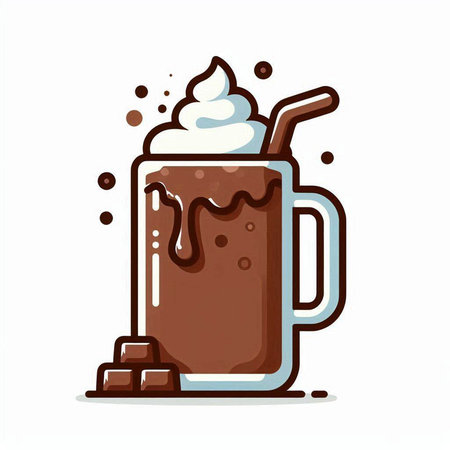 Hot chocolate drink with whipped cream and chocolate pieces. Vector illustration.のイラスト素材