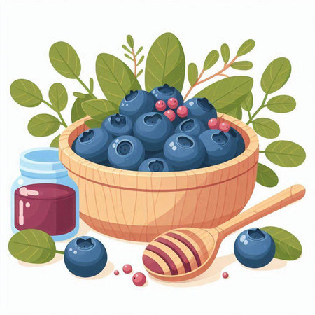 Blueberry in a wooden bowl with a spoon. Vector illustration.のイラスト素材