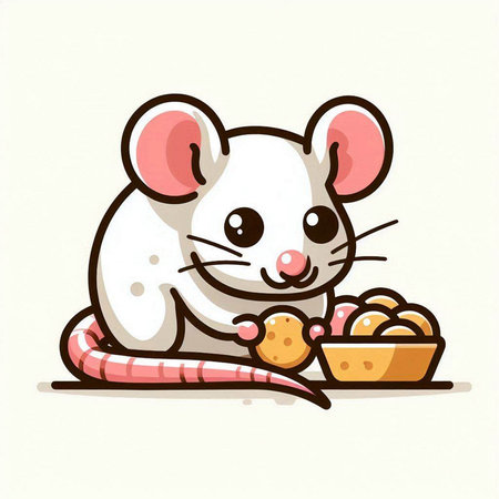 Cute cartoon rat with a bowl of bread. Vector illustration.のイラスト素材