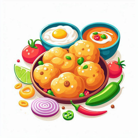 Indian food vector illustration. Traditional indian snack, croquettes, fried egg, vegetables and spices in bowls.のイラスト素材