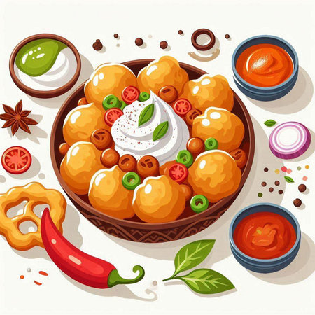 Vector illustration of a bowl of cheese balls with sauce and herbs.のイラスト素材