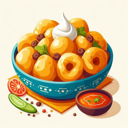 Potato dumplings in bowl with sour cream. Vector illustration.のイラスト素材