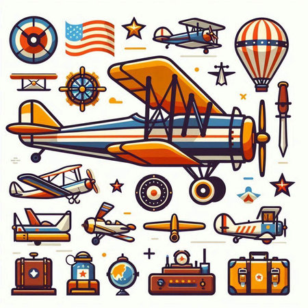 Set of colorful vintage airplane icons. Vector illustration in flat style.のイラスト素材