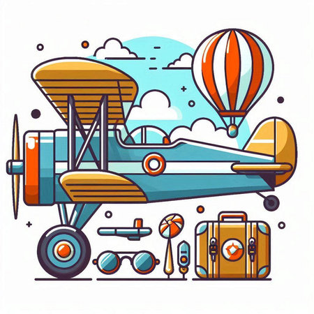 Airplane with suitcases, glasses and hot air balloons. Vector illustration.のイラスト素材