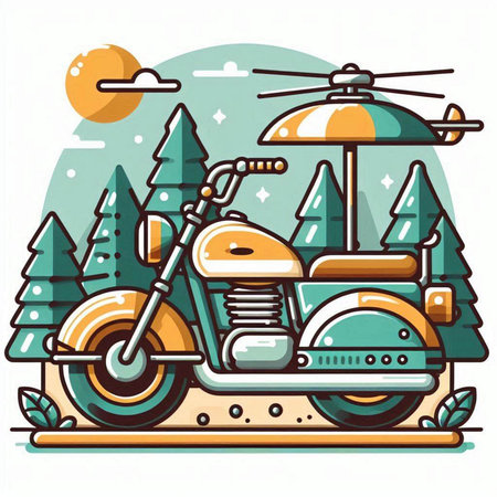 Vintage motorcycle in the forest. Vector illustration in flat style.のイラスト素材