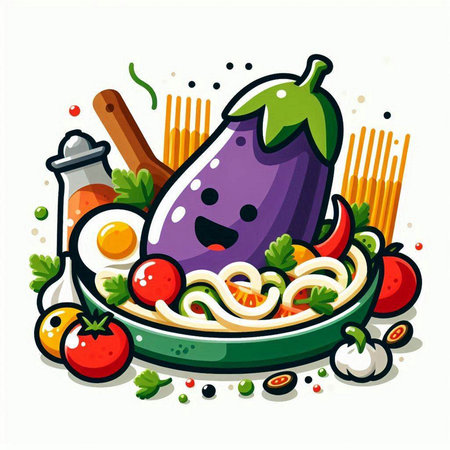 Illustration of eggplant and spaghetti with vegetables in a bowl.のイラスト素材