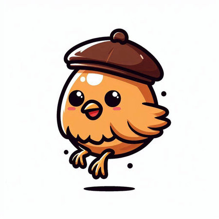 Cute cartoon chicken with acorn on white background. Vector illustration.のイラスト素材