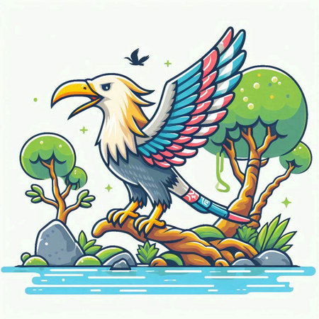 Illustration of an eagle on a tree branch. Vector illustration.のイラスト素材