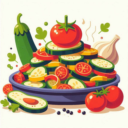 Vegetable salad with zucchini, tomato and garlic. Vector illustration.のイラスト素材