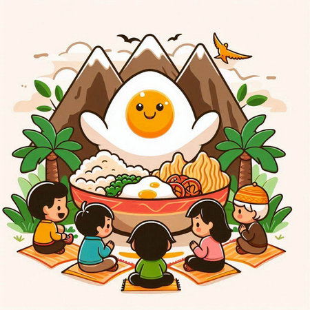 Illustration of Kids Eating Noodle and Egg in a Bowl with Mountain in the Backgroundのイラスト素材