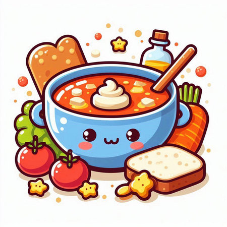Cute cartoon vector illustration of a bowl of tomato soup with cheese and breadのイラスト素材