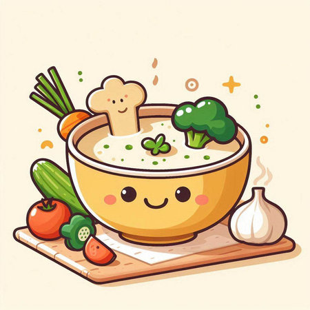 Illustration of a bowl of soup with ingredients on the table.のイラスト素材