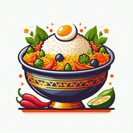 Pilaf with rice, vegetables and egg. Vector illustration.のイラスト素材