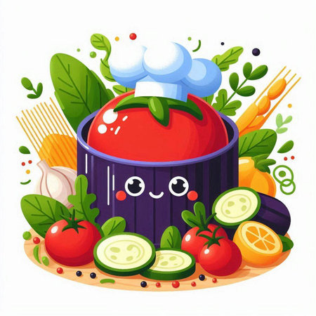 Cartoon vector illustration of cute kawaii tomato character with chef hat, vegetables, herbs and spices.のイラスト素材