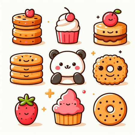Cute cartoon vector illustration of a set of different sweet cakes.のイラスト素材